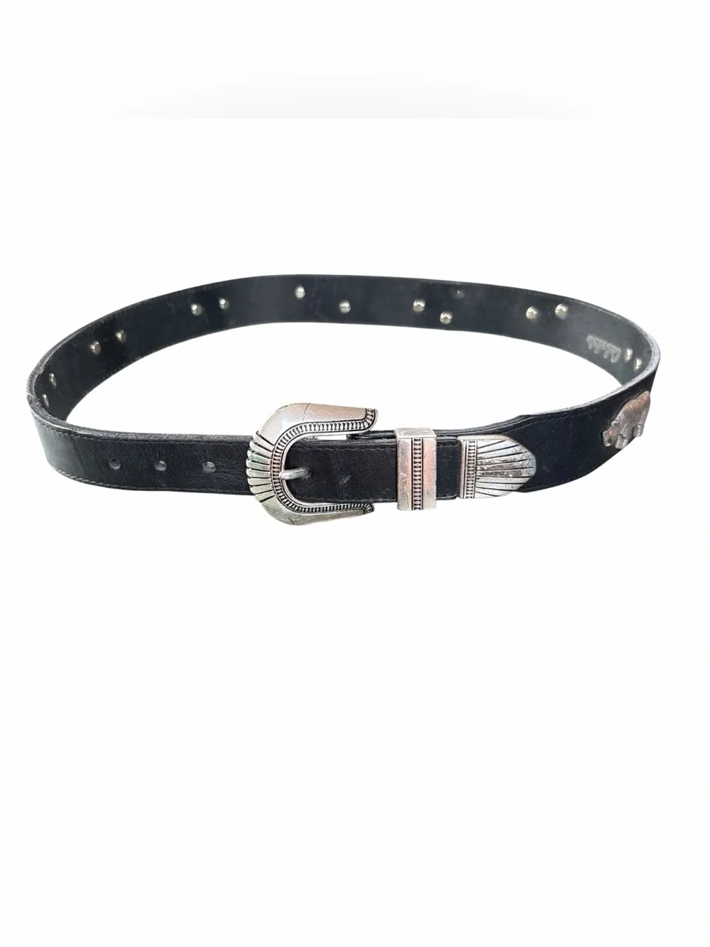 CABELA’S BLACK LEATHER BELT WITH SILVER ANIMAL CONCHOS – VINTAGE 1991 MEDIUM